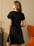 SilkSilky US Pure Silk Short Sleeve Sweetheart Neck Nightgown Black 003