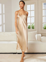 [Champagne] SilkSilky  Spaghetti Strap V Neck Nightgown 004
