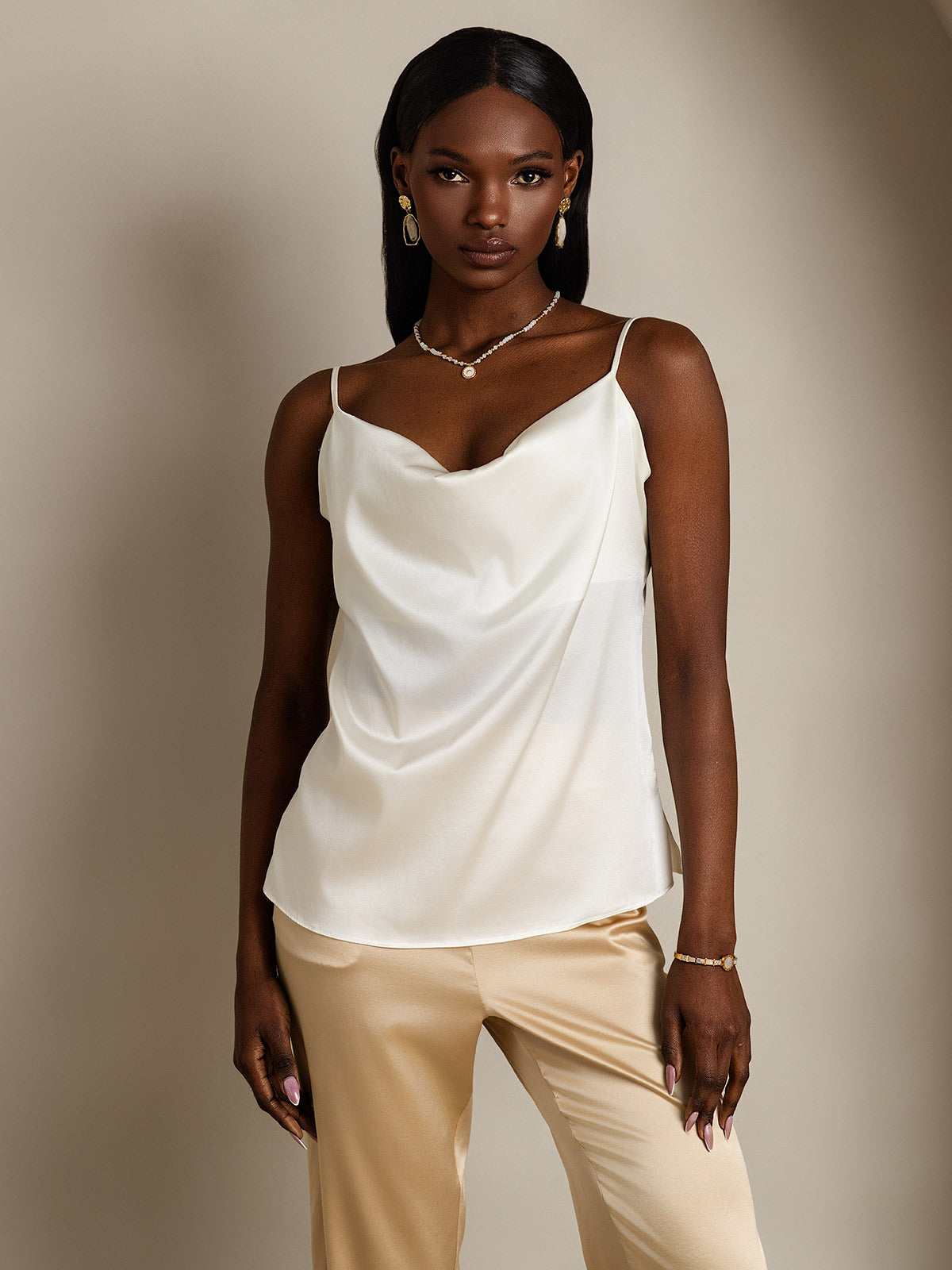 [White] SilkSilky  19Momme Silk Cowl Neck Camisole Top 001