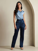 [Grayish Blue] SilkSilky  19Momme Stretch Silk Charmeuse Cap Sleeve Cowl Neck Women's T-Shirt 006