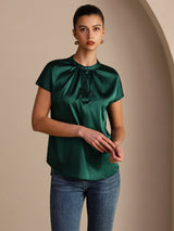 [Dark Green] SilkSilky Short Sleeve Split Women's Blouse 003