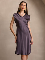 [Purple Gray] SilkSilky  Cap Sleeve V Neck Nightgown 004