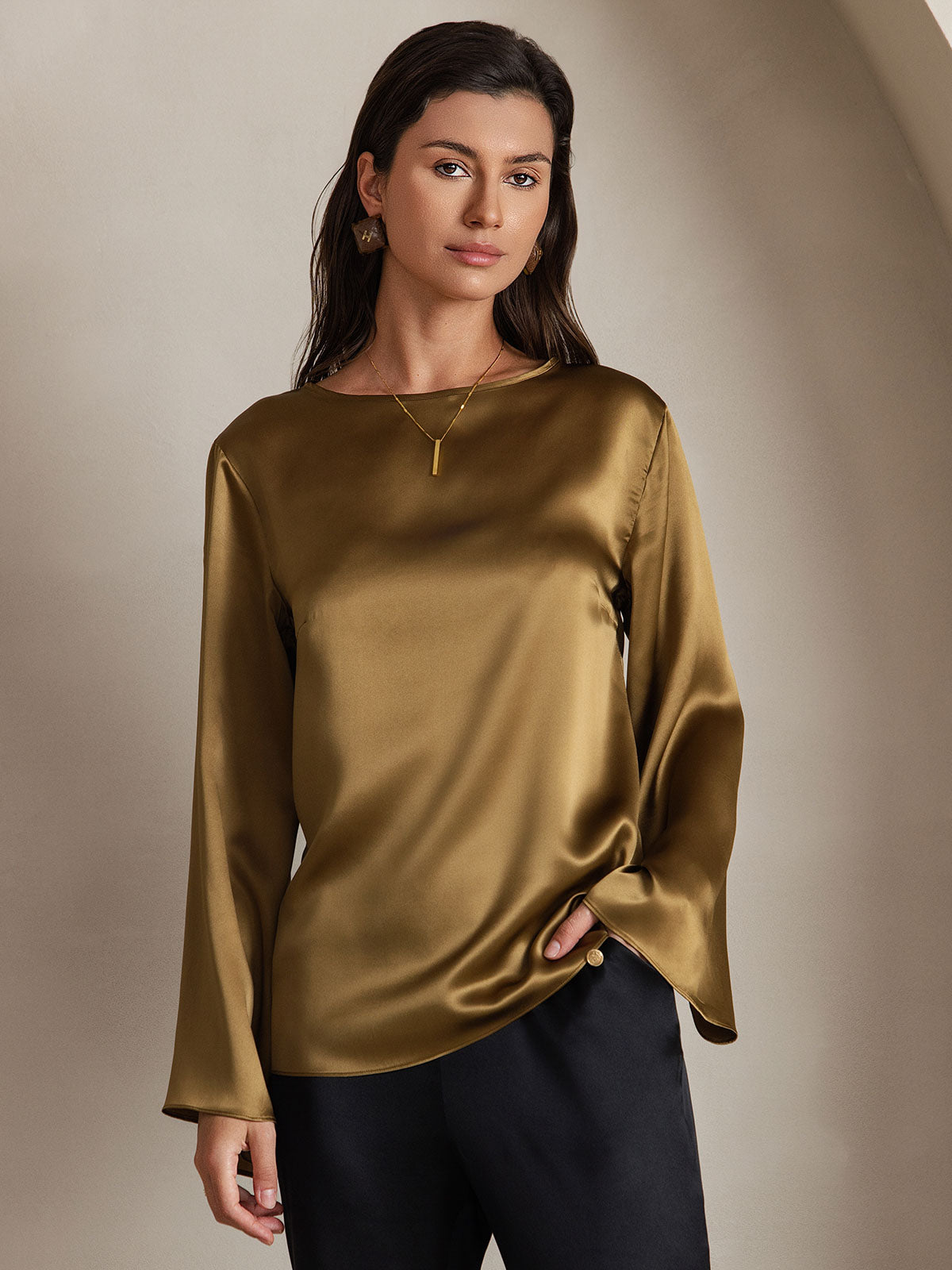 [Brown] SilkSilky  19Momme Silk Round Neck Women's T-Shirt 003