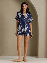 [Navy Cheetah] SilkSilky  Short Sleeve Notch Collar Women's Pajamas 007