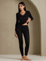 [Black] SilkSilky  Long Sleeve V Neck Women's Long Johns 004