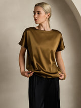 [Brown] SilkSilky  19Momme Stretch Silk Charmeuse Short Sleeve Boat Neck Women's T-Shirt 004