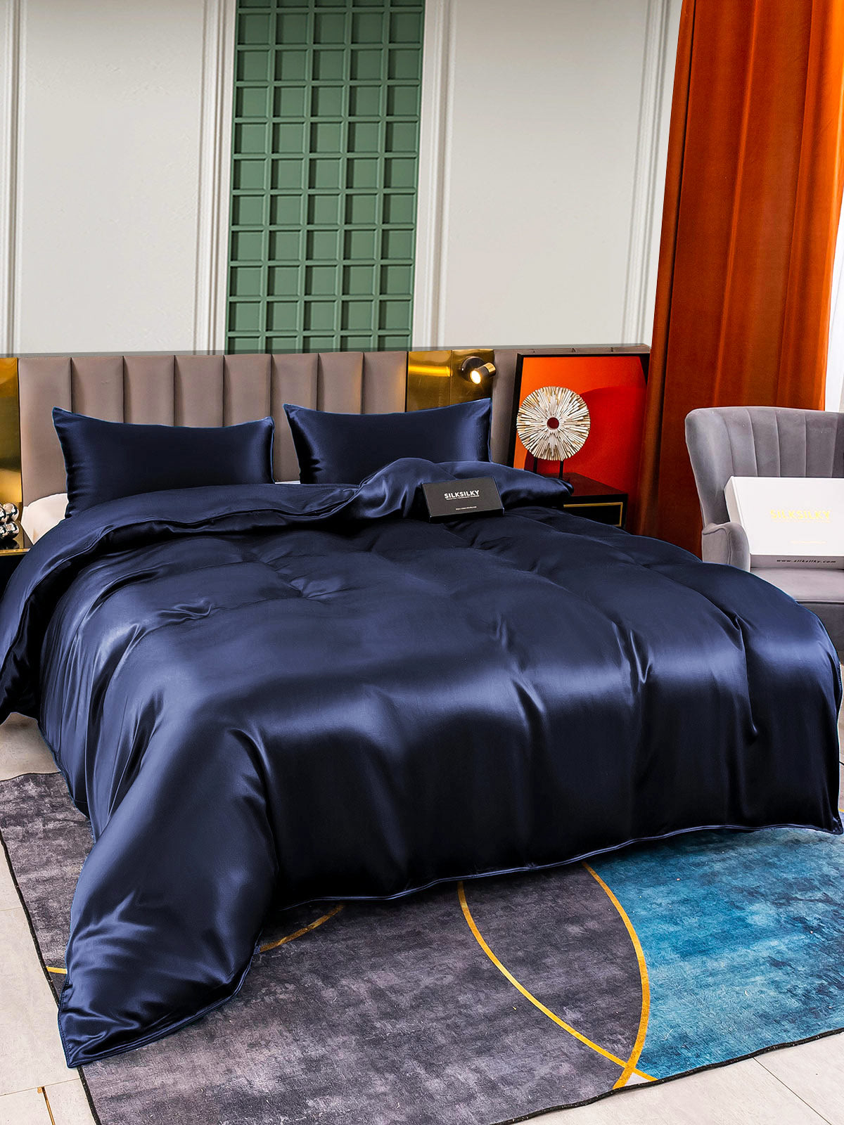 SilkSilky US 25Momme Pure Silk Bedding Set DarkBlue 004