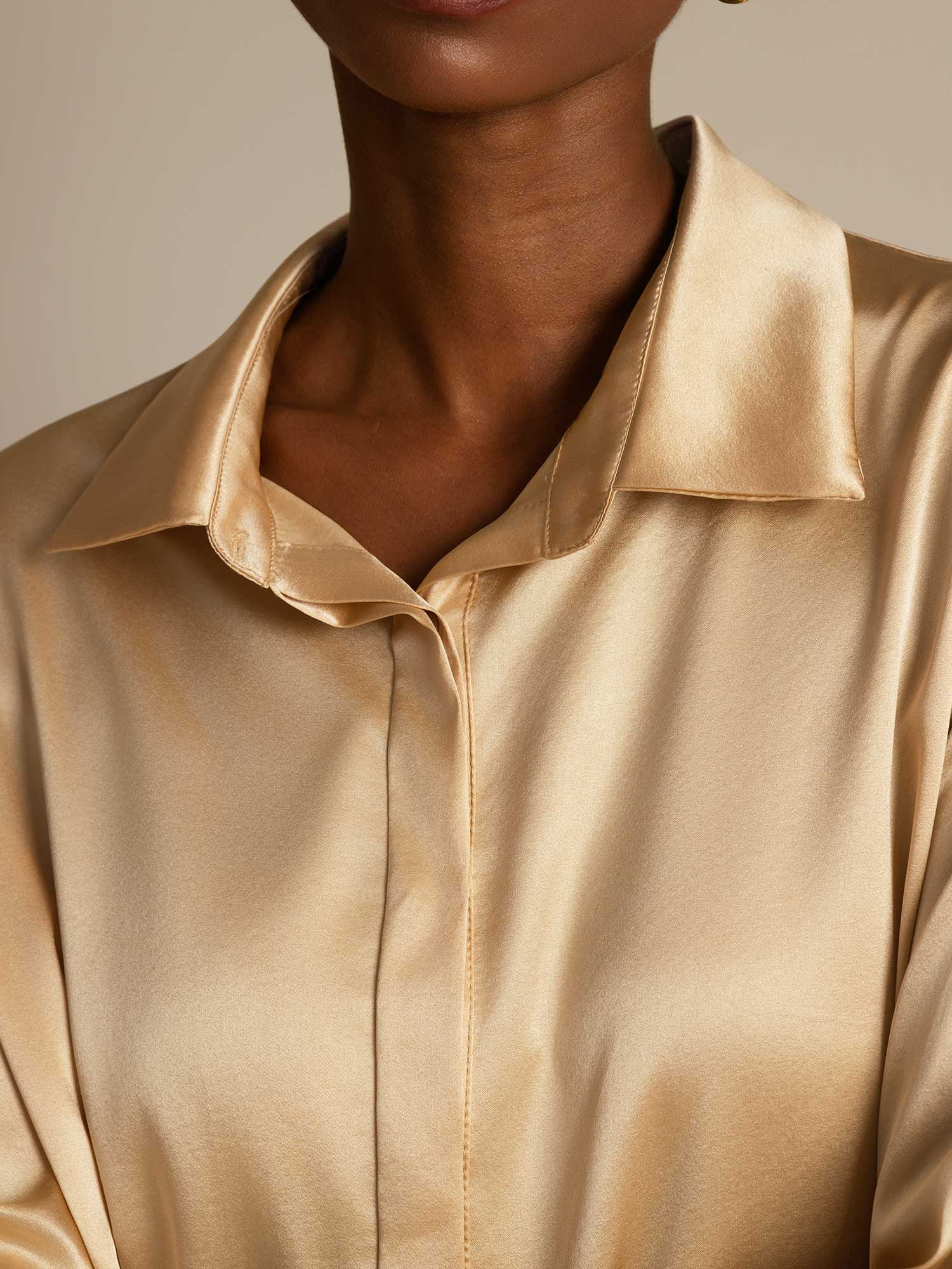 [Champagne] SilkSilky  19Momme Silk Long Sleeve Lapel Collar Women's Shirt 006