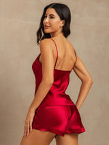 [Wine] SilkSilky Spaghetti Strap V Neck Camisole Set 002