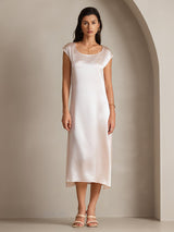 [Pink] SilkSilky  19Momme Stretch Silk Charmeuse Cap Sleeve Scoop Neck Dress 004