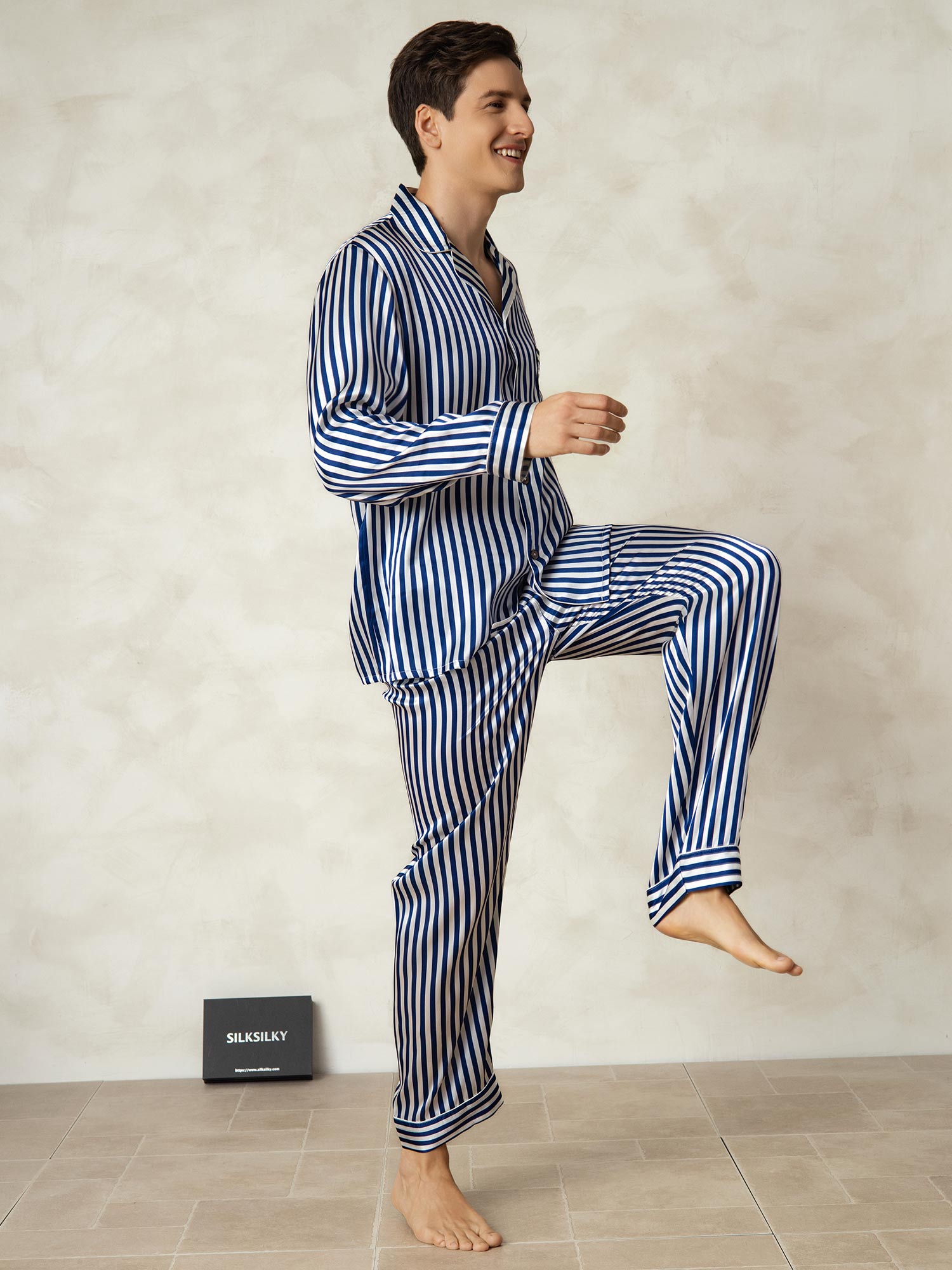 [Navy Stripe] SilkSilky  19Momme Pure Silk Mens Pajamas 004