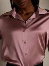 [Pale Mauve] SilkSilky  19Momme Stretch Silk Charmeuse 3/4 Sleeve Lapel Collar Women's Shirt 008