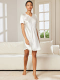 SilkSilky US Pure Silk Short Sleeve V Neck Nightgown White 004