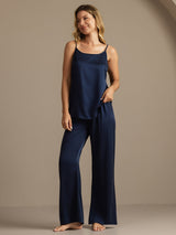 [Dark Blue] SilkSilky  19Momme Machine-Washable Silk Spaghetti Strap Scoop Neck Camisole Set 006