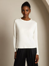 [White] SilkSilky  100% Silk Jersey Long Sleeve Crew Neck Women's T-Shirt 003