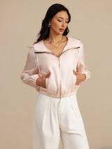[Pink] SilkSilky 18Momme Silk Satin Surah Long Sleeve Stand Collar Women's Outerwear 003