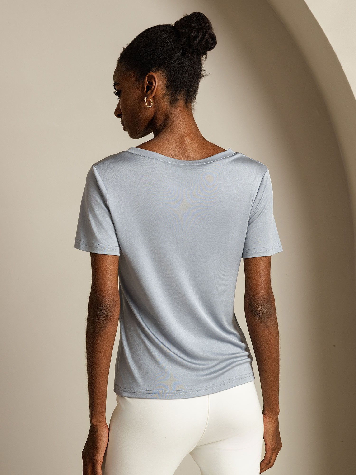 [LightGray] SilkSilky Pure Silk V Neck Women's T-Shirt 002
