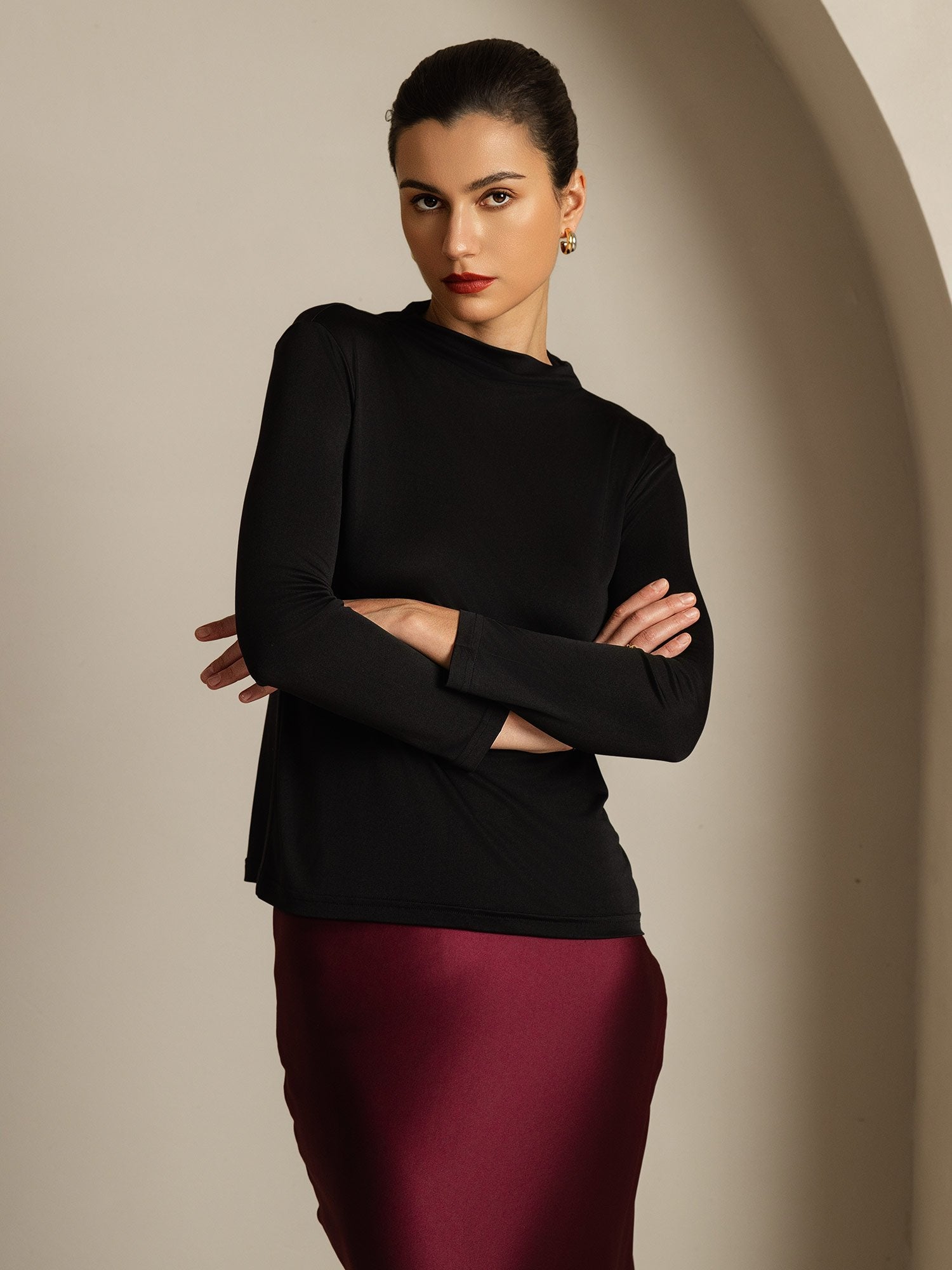 [Black] SilkSilky  Pure Silk High Neck Women's T-Shirt 003