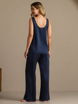 [Dark Blue] SilkSilky  19Momme Machine-Washable Silk Sleeveless Scoop Neck Women's Pajamas 002