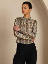 [Snakeskin] SilkSilky 100% Silk Jersey Long Sleeve Mock Neck Women's T-Shirt 003