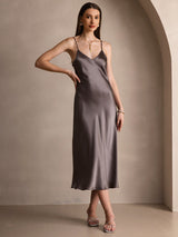 [Dark Khaki] SilkSilky  Spaghetti Strap V Neck Dress 005