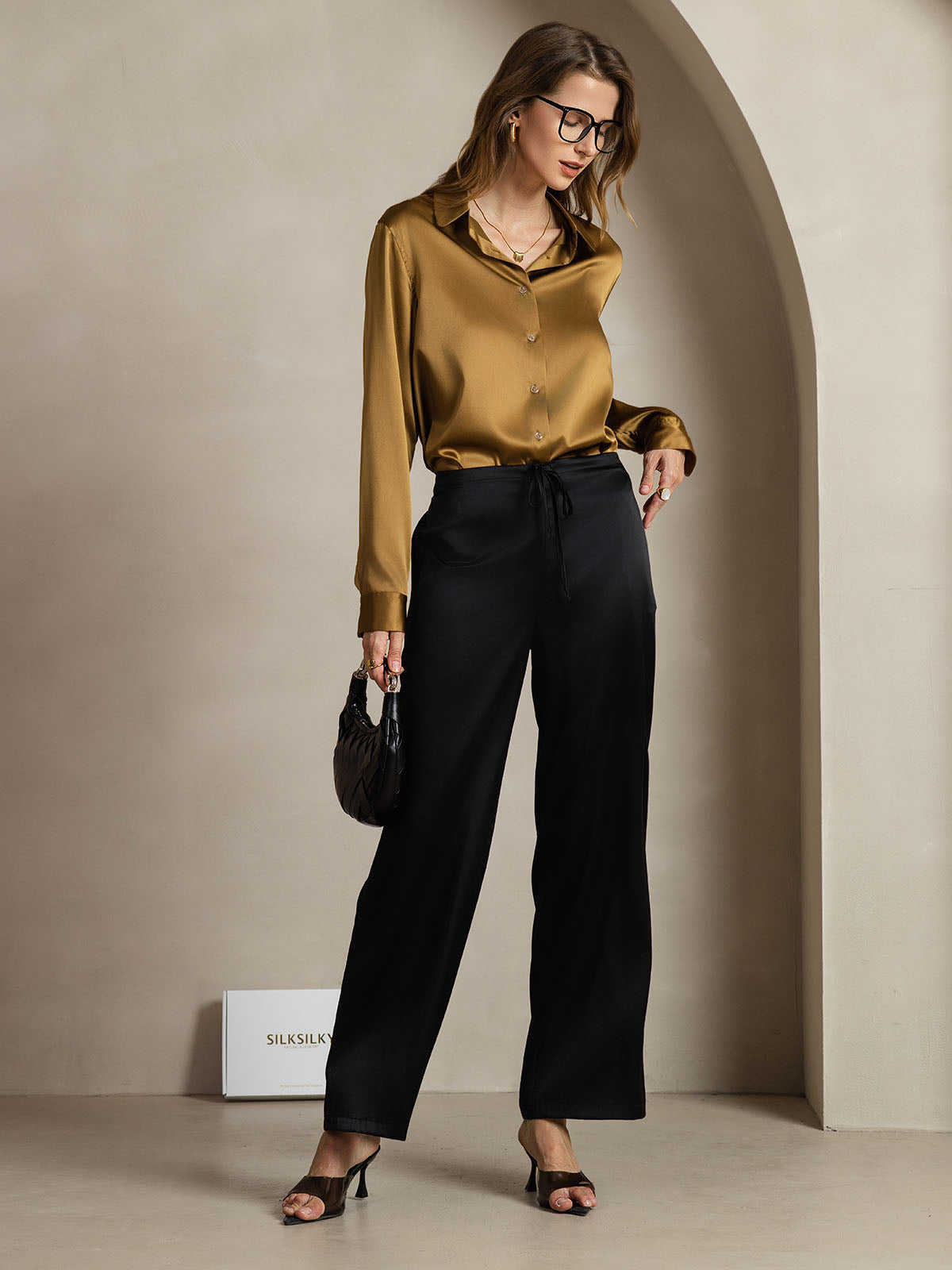 [Bronze] SilkSilky  Silk Long Sleeve Lapel Collar Women's Shirt 003