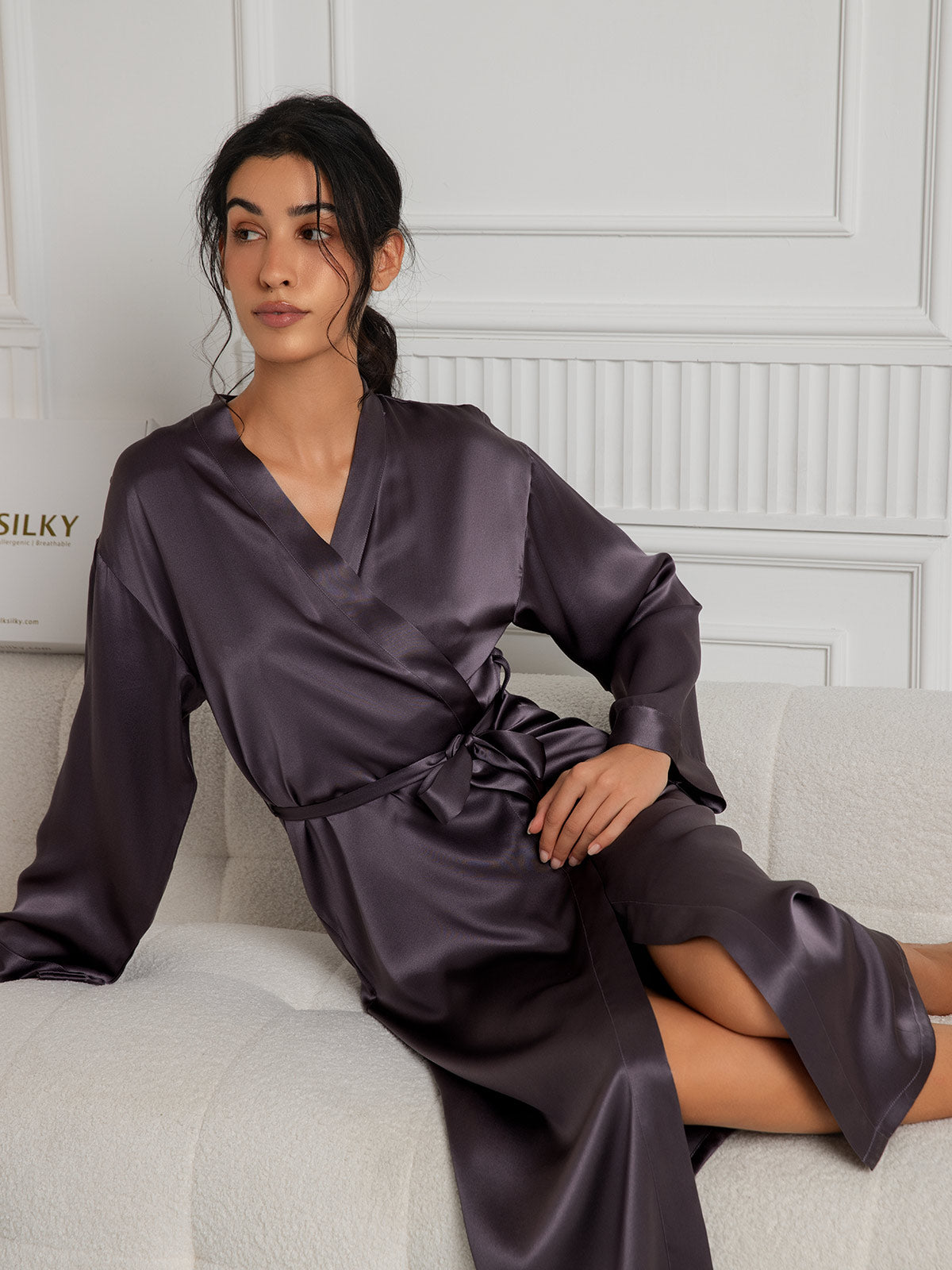 [Purple Gray] SilkSilky  Pure Silk Wrap Women's Robe 005