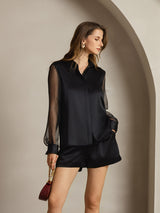 [Black] SilkSilky  Long Sleeve Lapel Collar Women's Shirt 003