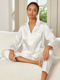 SilkSilky  Pure Silk Long Sleeve Lapel Women's Pajamas White 001