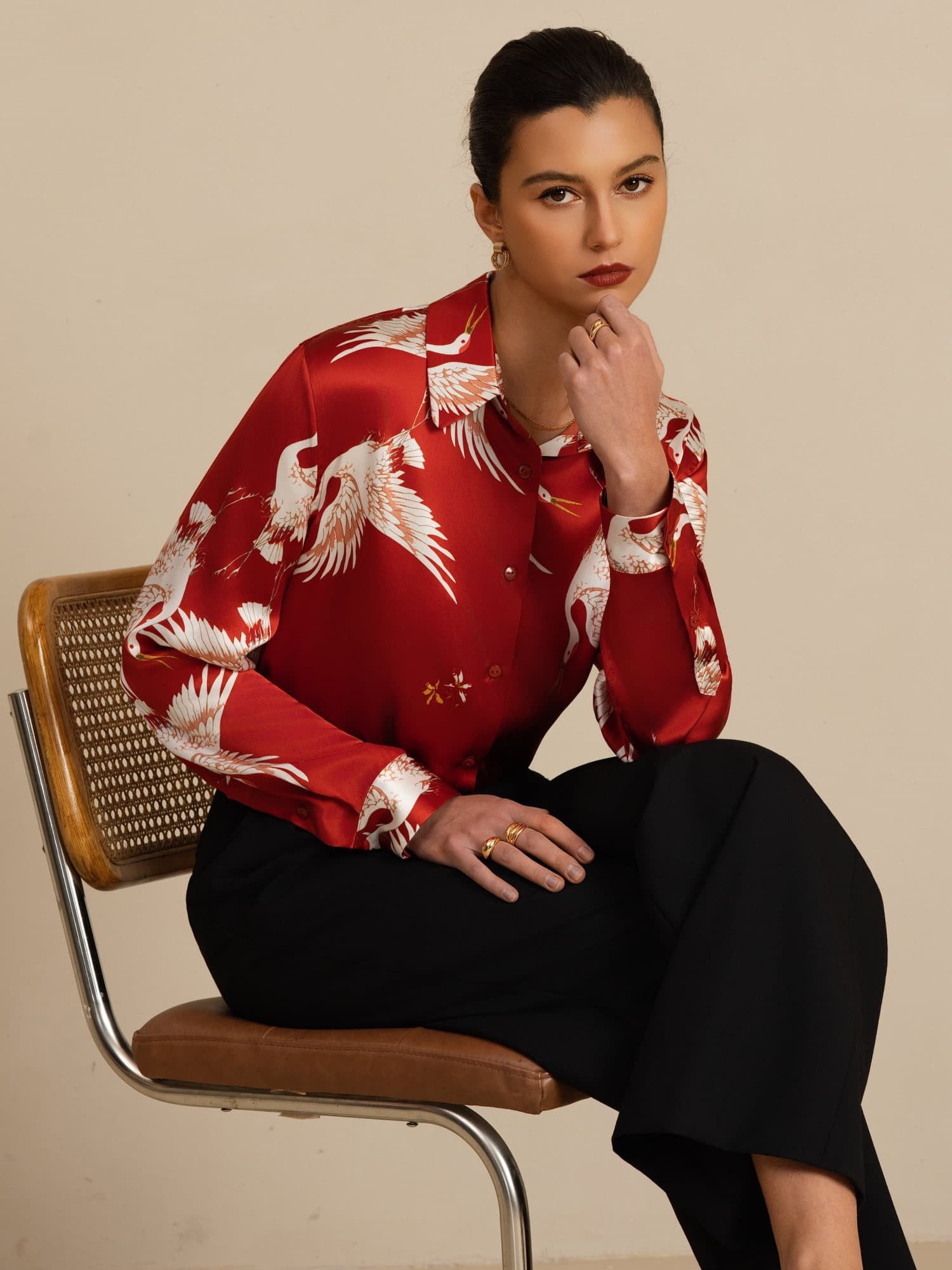 [Wine] SilkSilky  19Momme Long Sleeve Lapel Collar Women's Shirt 008