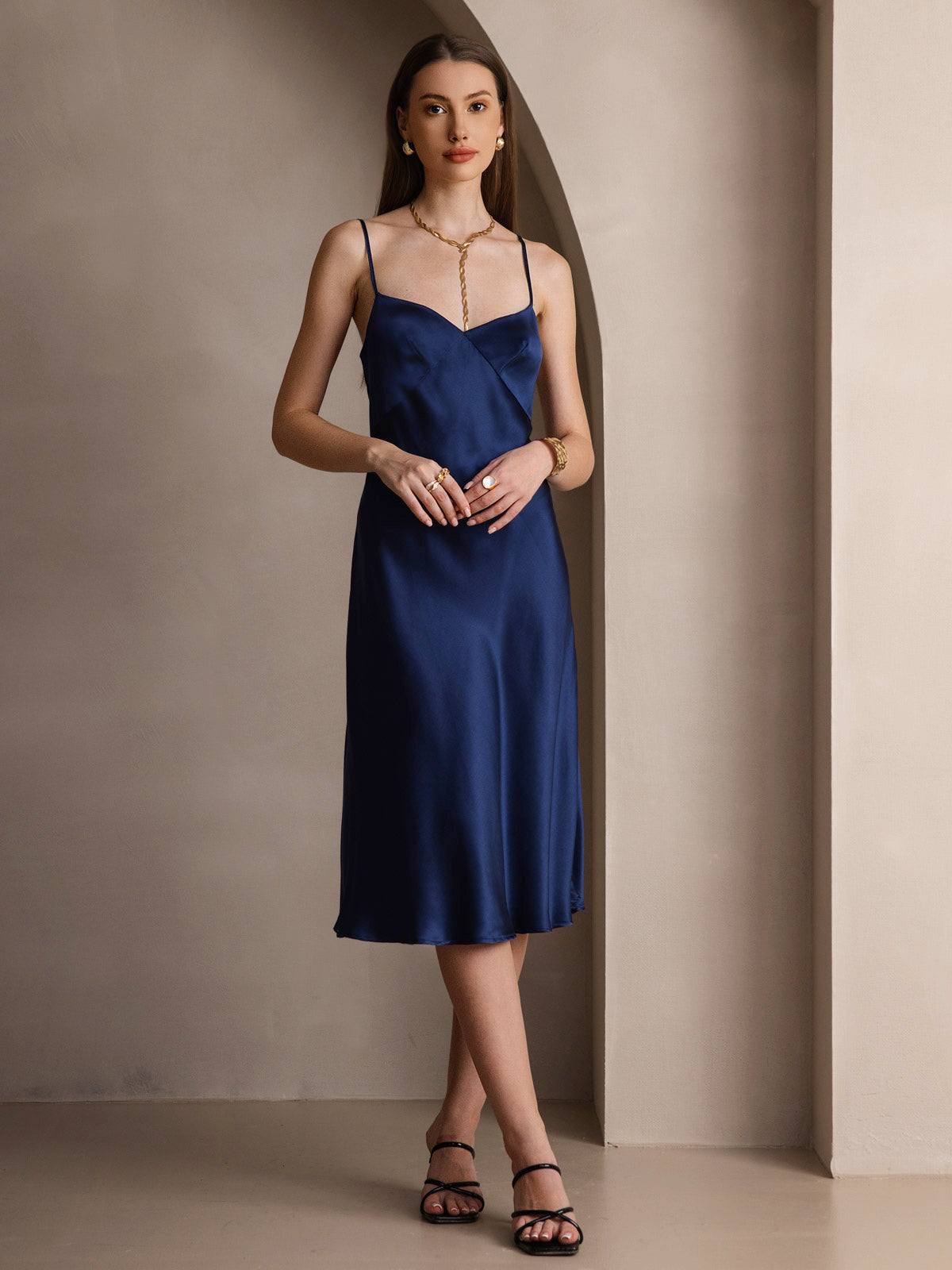[Dark Blue] SilkSilky  19Momme Pure Silk V Neck Dress 005