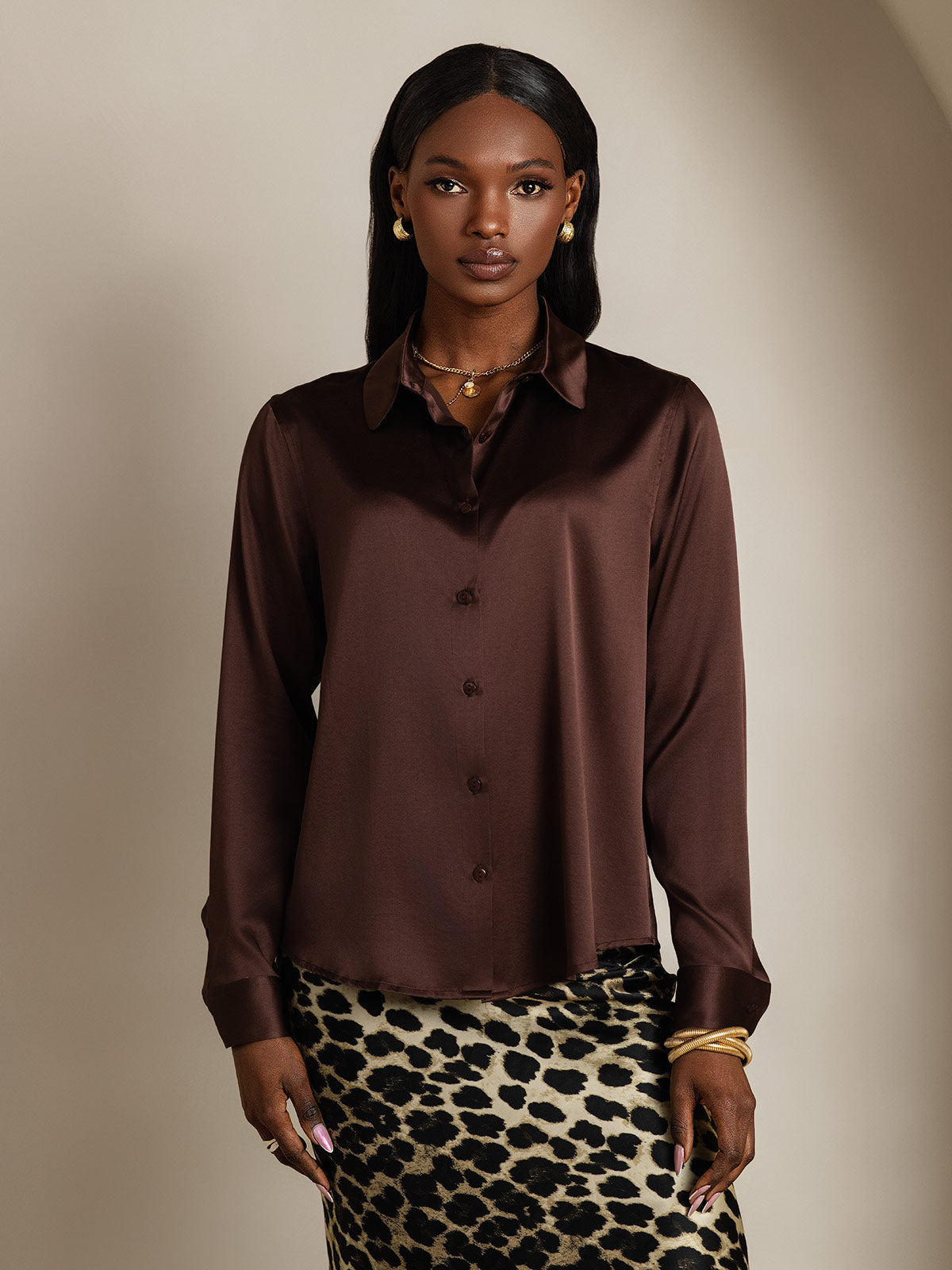 SilkSilky  Silk Long Sleeve Collar Women's Shirt Brown 003