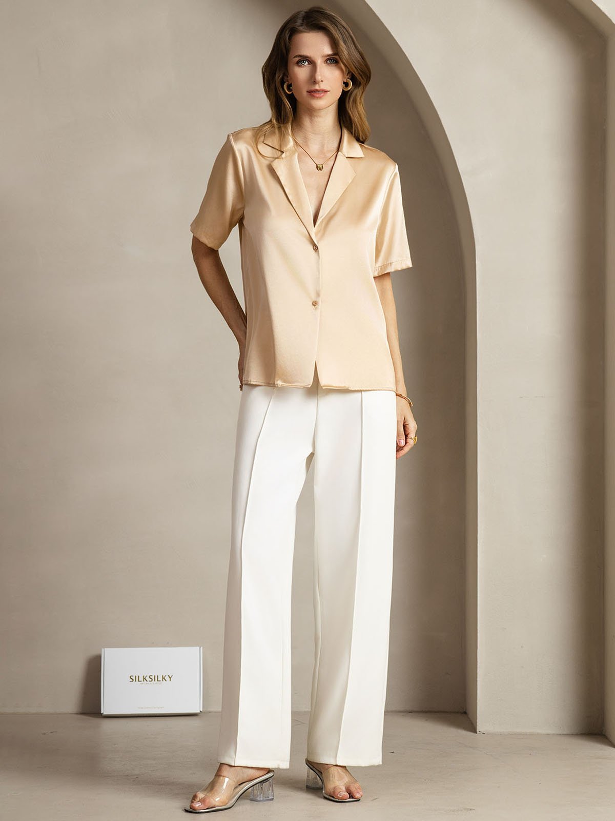 [Champagne] SilkSilky 19Momme Silk Notched Neck Women's Shirt 003