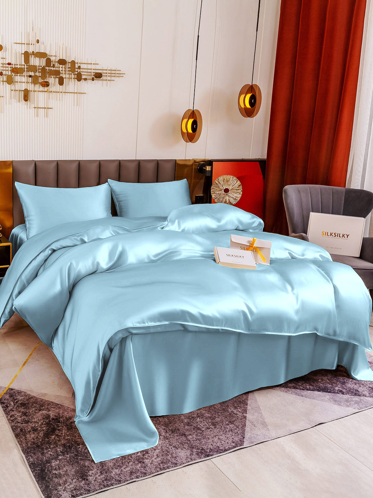 SilkSilky US 19Momme Pure Silk Bedding Set LightBlue 001