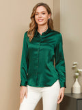 SilkSilky US Silk Blend Long Sleeve Collar Women's Shirt DarkGreen 001