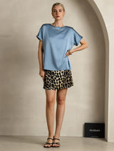 [Grayish Blue] SilkSilky  19Momme Stretch Silk Charmeuse Short Sleeve Boat Neck Women's T-Shirt 006
