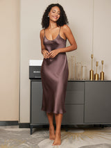 [Coffee] SilkSilky  Spaghetti Strap V Neck Nightgown 004
