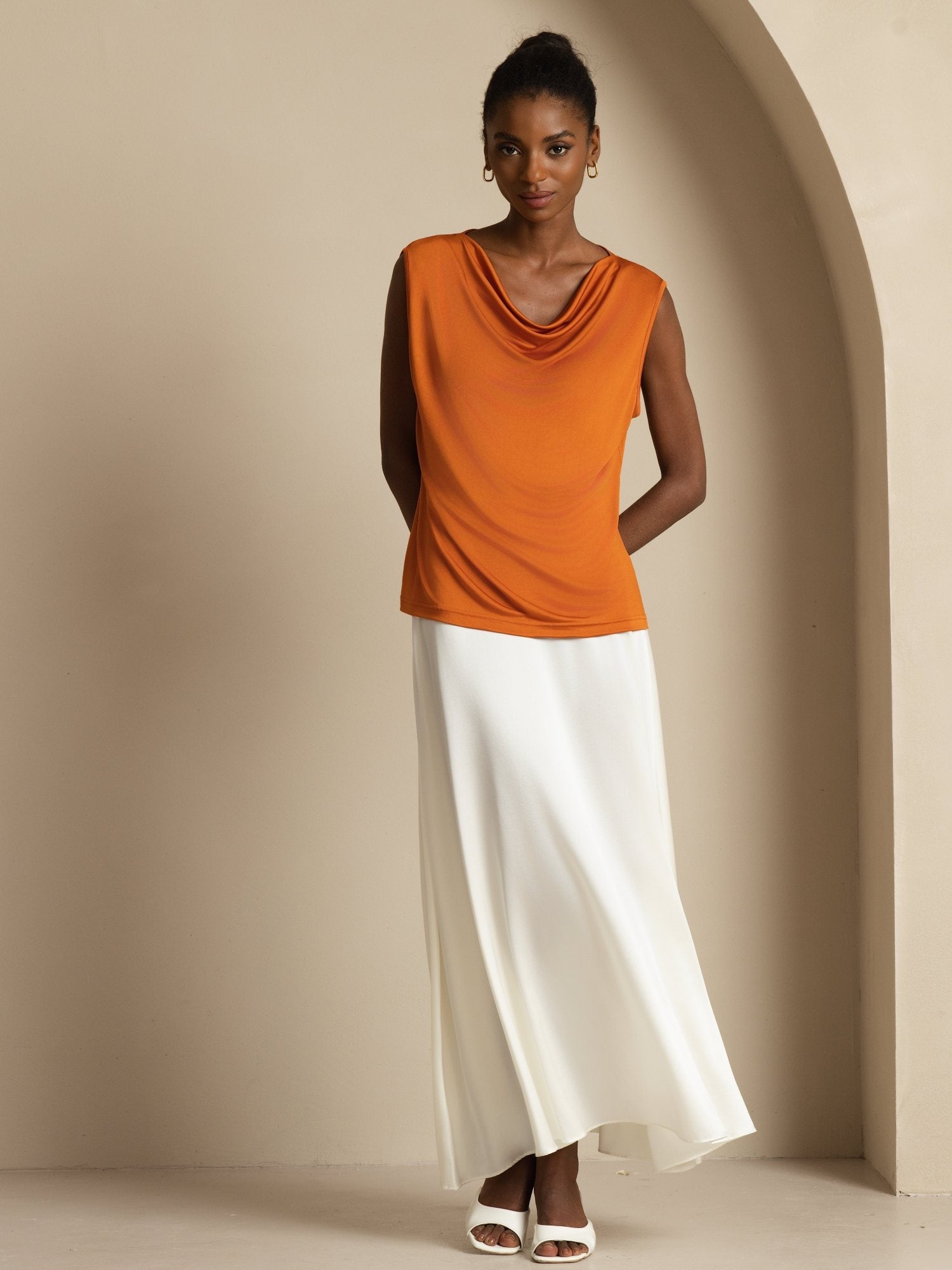 [Orange] SilkSilky Silk Sleeveless Cowl Neck Women's T-Shirt 005