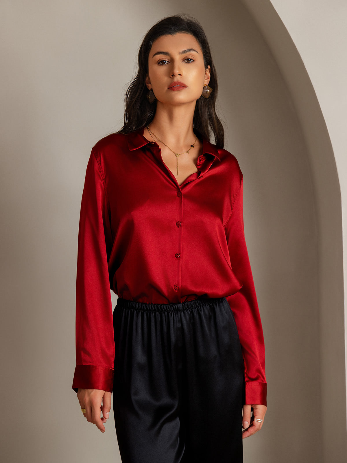 SilkSilky US Silk Blend Long Sleeve Collar Women's Shirt Red 001