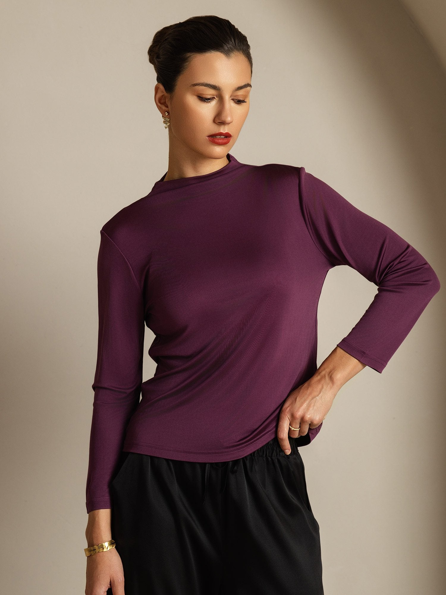 [Purple] SilkSilky  Pure Silk High Neck Women's T-Shirt 003
