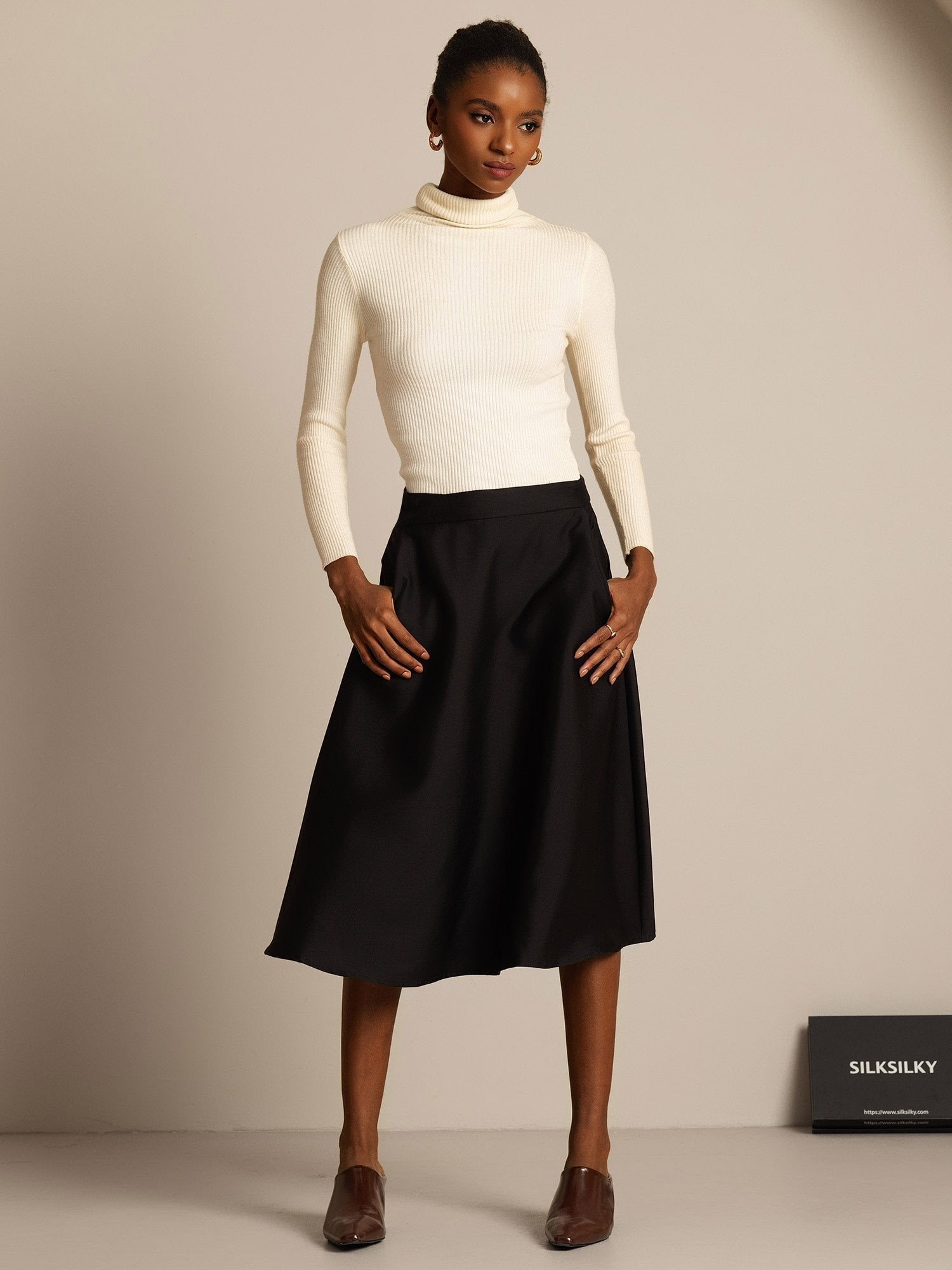 [Black] SilkSilky  32Momme Silk Skirt 007,