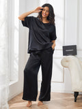 SilkSilky US Pure Silk Short Sleeve V Neck Women's Pajamas Black 003