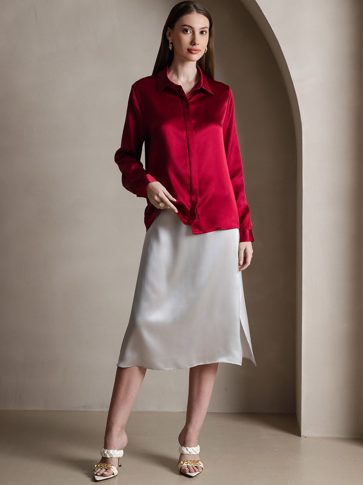 [Wine] SilkSilky  19Momme Silk Long Sleeve Lapel Collar Women's Shirt 005