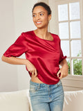 SilkSilky US Pure Silk Half Sleeve Boat Neck Women's T Shirt DarkRed 005