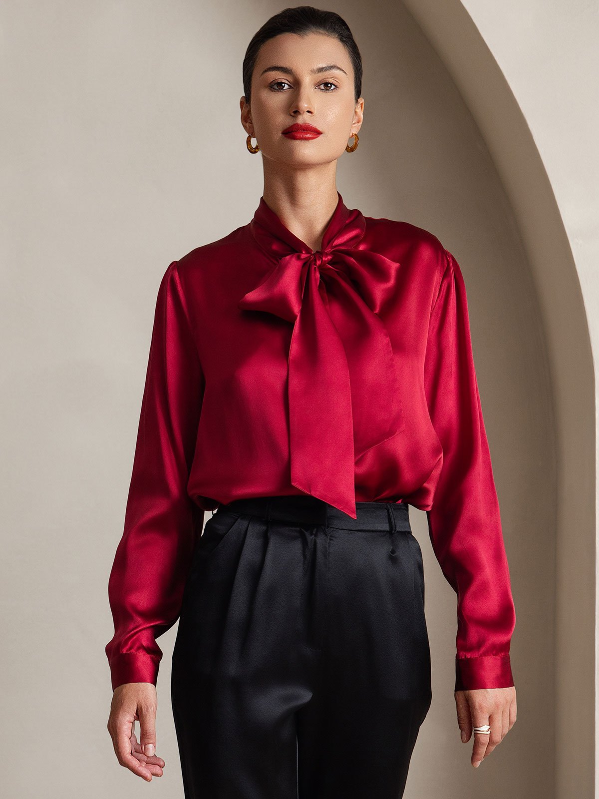 [Wine] SilkSilky 19Momme Silk Long Sleeve Tie Neck Women's Shirt 001