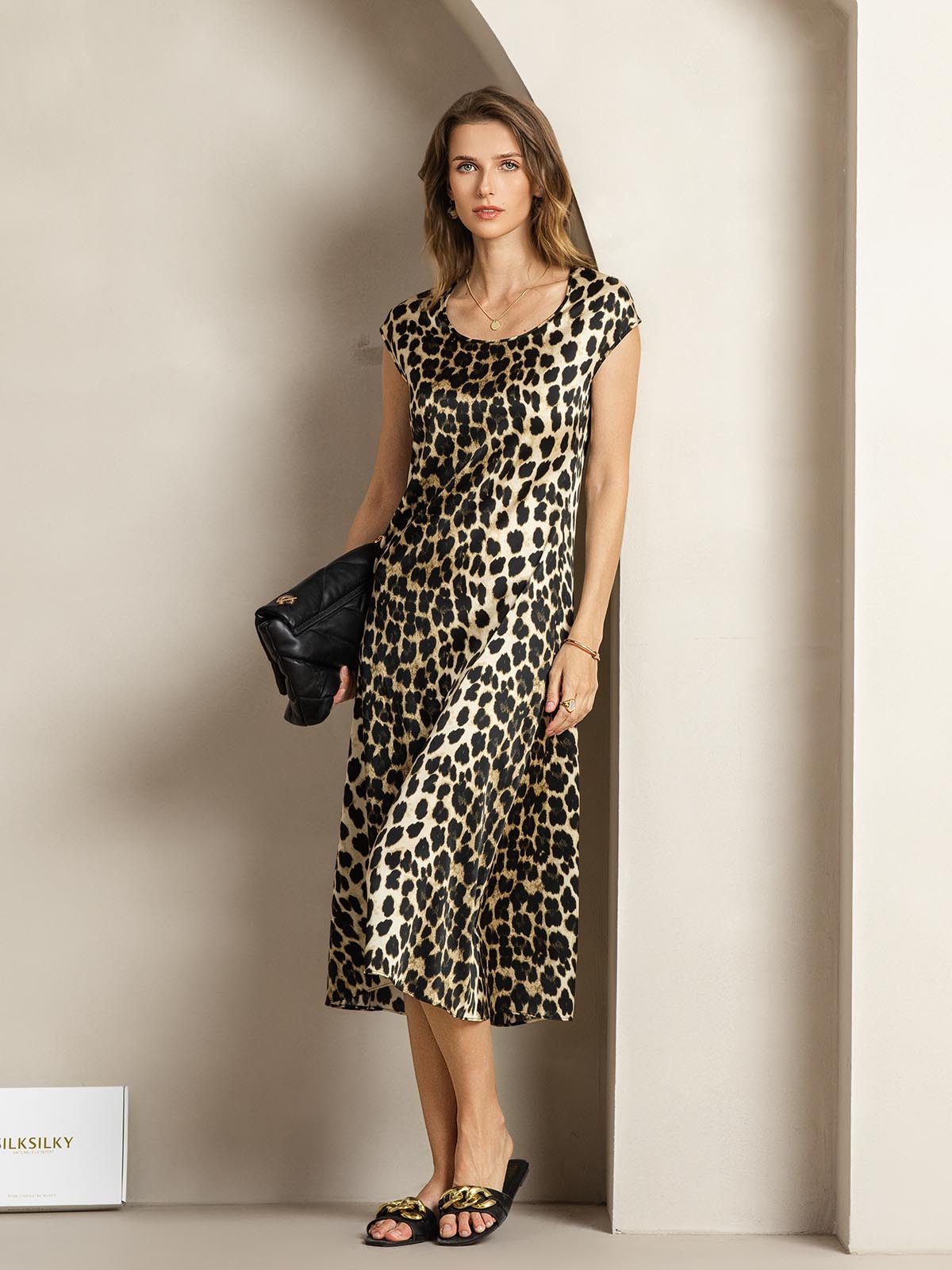 [Leopard] SilkSilky  19Momme Silk Round Neck Dress 005