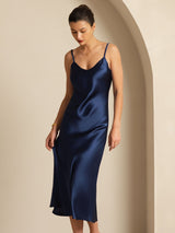 [Dark Blue] SilkSilky Spaghetti Strap V Neck Dress 007