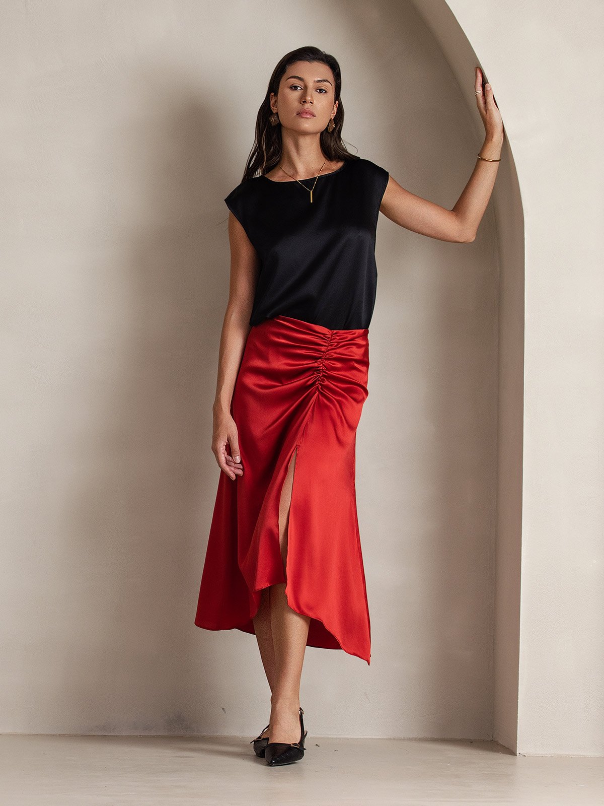 [Black] SilkSilky  19Momme Silk Round Neck Women's T-Shirt 007