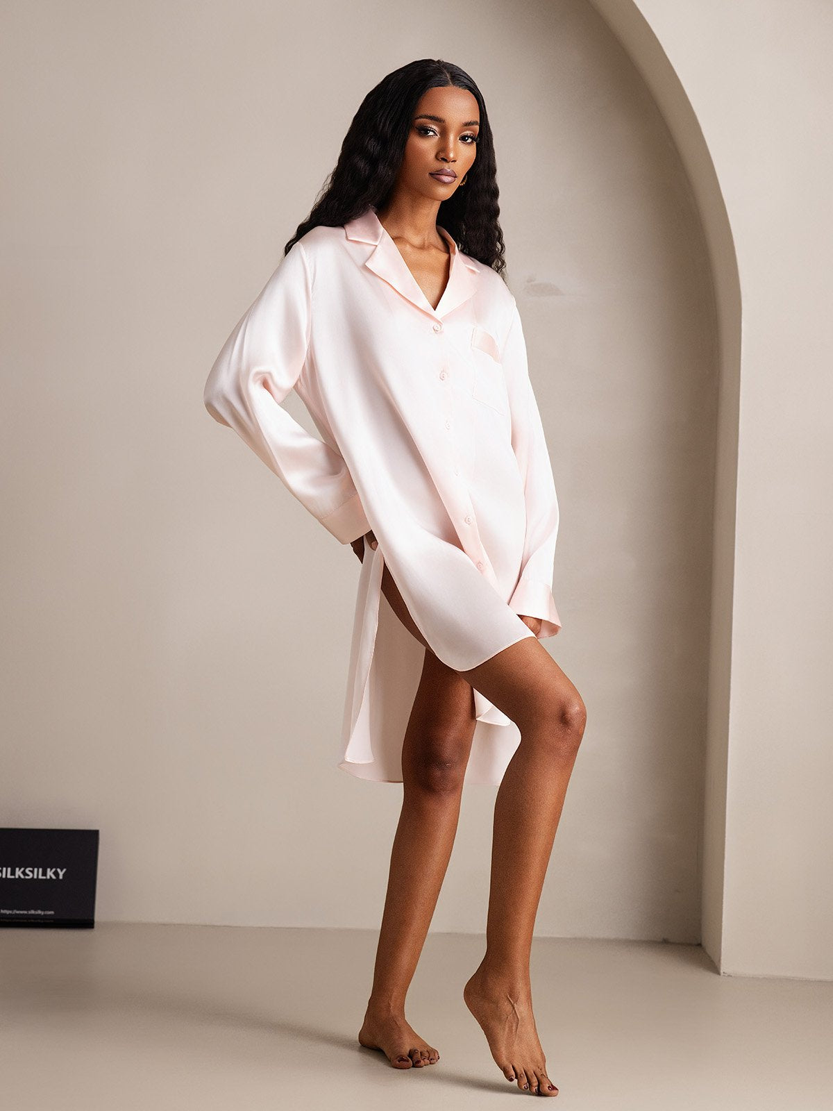 [LightPink] SilkSilky Pure Silk Lapel Collar Nightgown 005