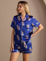 [Navy Seahorse] SilkSilky Short Sleeve Lapel Collar Women's Pajamas 001